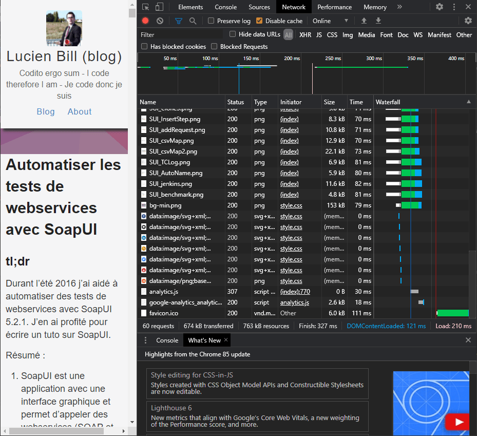 Image de l'inspecteur Chrome : la plus grosse page pèse 674 kilooctets