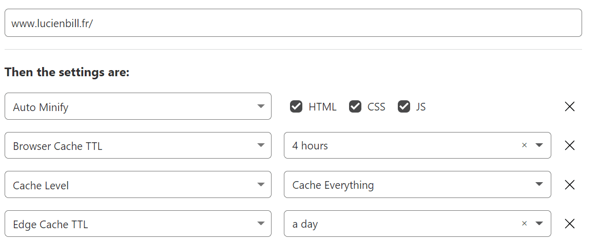 Image de la config des caches dans Cloudflare